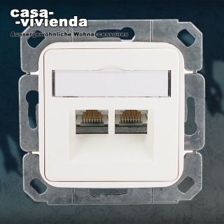 CAT6 Kombi-Anschlussdose, AMJ45-8/8, Zentralplatte KLEIN SI® / BUSCH-JAEGER SI® - Class D/E nach ISO/IEC11801,1000 MHz  (Kabelzuführung horizontal und vertikal / Anschluß: oben, unten, rechts, links) -  Reinweiß RAL9010 (*..*) (*2023*)