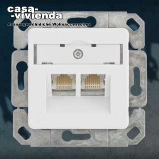 CAT6 Kombi-Anschlussdose, AMJ45-8/8, Zentralplatte mit Staubschutz 50 x 50 mm - Class D/E nach ISO/IEC11801,1000 MHz  (Kabelzuführung horizontal, vertikal und diagonal / Anschluß: oben, unten, rechts, links) - Reinweiß RAL9010 (*40E+..*)