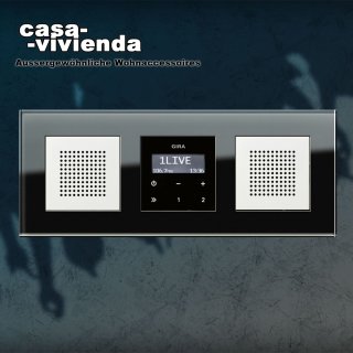 Unterputz-Radio RDS mit zwei Lautsprechern Bedienaufsatz in Schwarzglasoptik im 3-fach Glasrahmen KLEIN55® - GIRA® System 55 - Reinweiß glänzend (03)