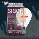 LED-Filamentlampe SIGOR dimmbar, E14/4,5W-2700K (ersetzt 40W) A++, 470 lm, klar (Tropfen-Form) L 80, Ø 45 mm - (2 Stück) ("2021")