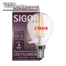 LED-Filamentlampe SIGOR dimmbar, E14/4,5W-2700K (ersetzt 40W) A++, 470 lm, klar (Tropfen-Form) L 80, Ø 45 mm - (2 Stück) ("2021")