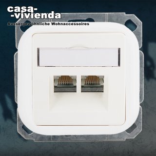 CAT5/CAT6 Netzwerk-Anschluß-Dose 2x8RJ45 2-fach mit Schraubklemmen, Zentralplatte KLEIN LX® / BUSCH-JAEGER LX® - Reinweiß / Alpinweiß RAL9010 (*..*) ("2023")