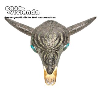 Deko-Wandleuchte "STIER" - Metall, Glas mit eingestanzten Löchern und blauen Kunststoffperlen - B 720 mm, H 540 mm, Auslaufend 200 mm - ohne Leuchtmittel (*2021*)
